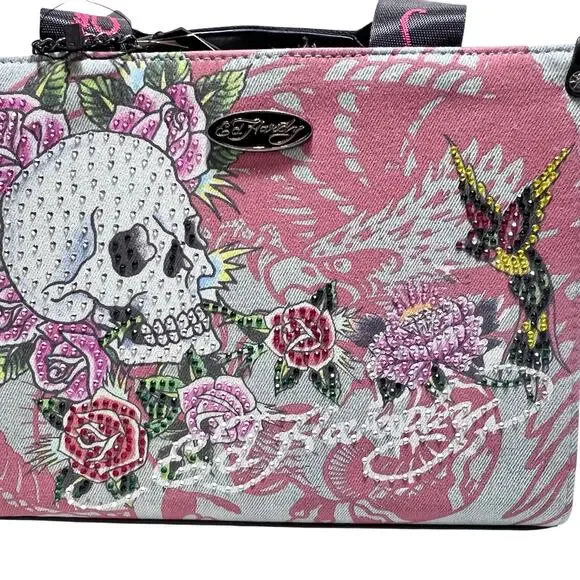 Ed Hardy Denim Tote Crossbody Satchel Bag Denim Pink Tattoo Skull Rhinestones - Picture 6 of 12